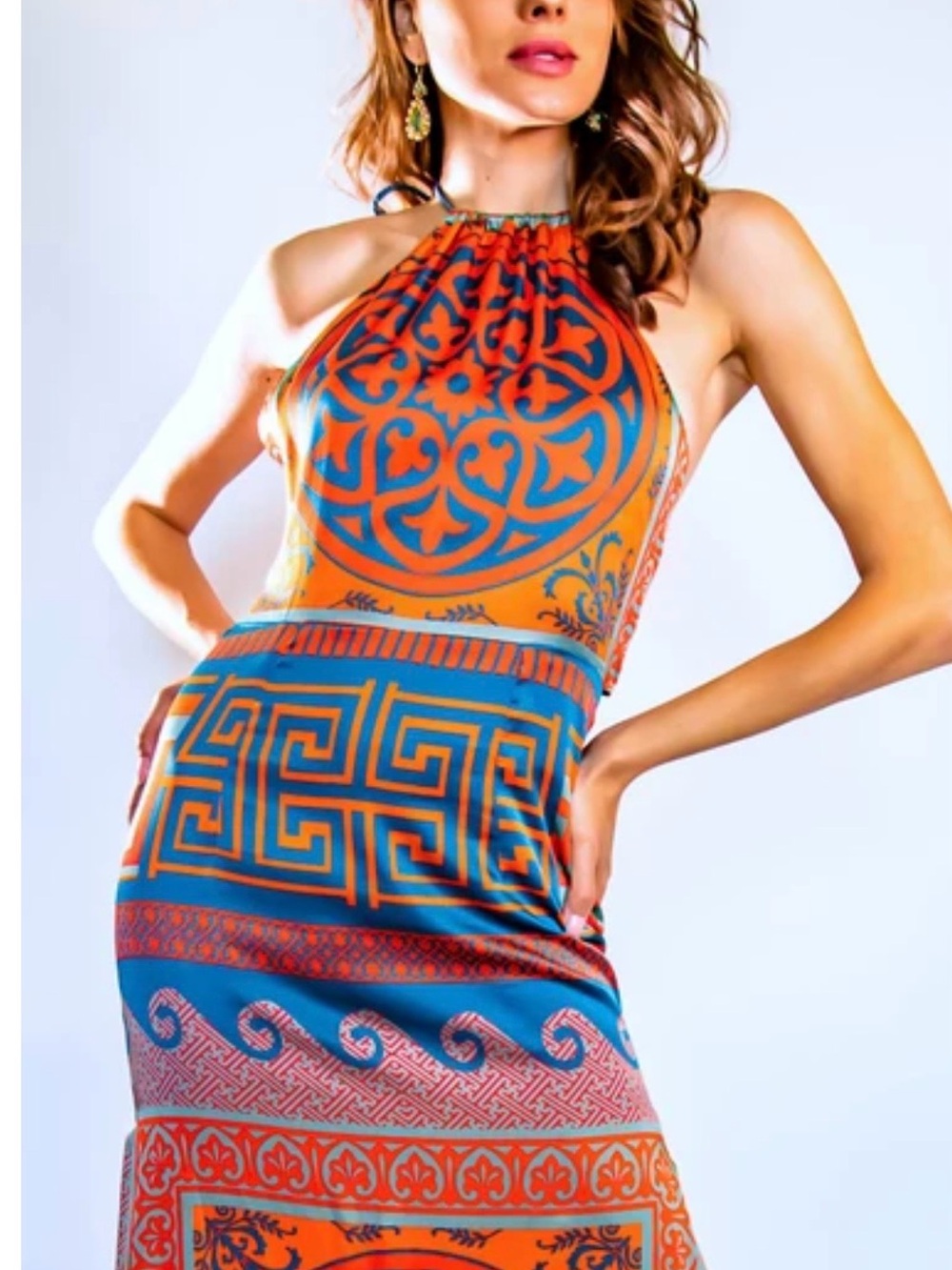 Trisha Patterson silk Print Maxi Dress in orange and Teal